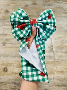 Baby Girl Christmas Green Gingham Poinsettia Big Headband Bow
